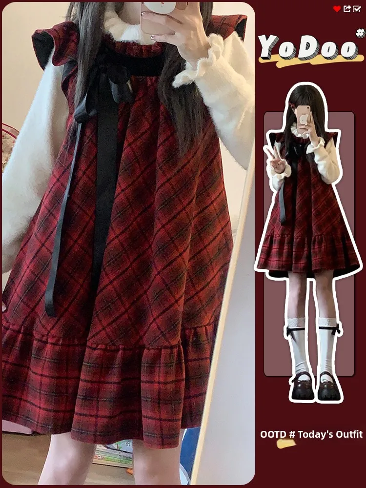 Retro College Style Red Plaid Miniature Fly Sleeve Dress Women Spring Autumn New Sweet Anti-Aging Set Polyester Fiber Warmth