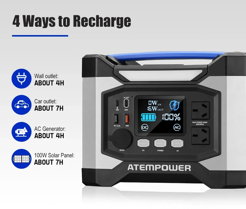 ATEM POWER 518Wh DC AC 500W Baterai Lithium Bank Pembangkit Listrik Portabel dengan Port USB Tipe C untuk Berkemah Di Luar Ruangan