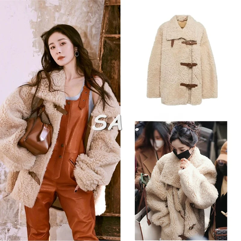 

Пальто из овечьей шерсти цвета хаки для женщин, зимняя одежда, с воротником, на одной пуговице, пушистое, в корейском стиле, для повседневной носки, длинное