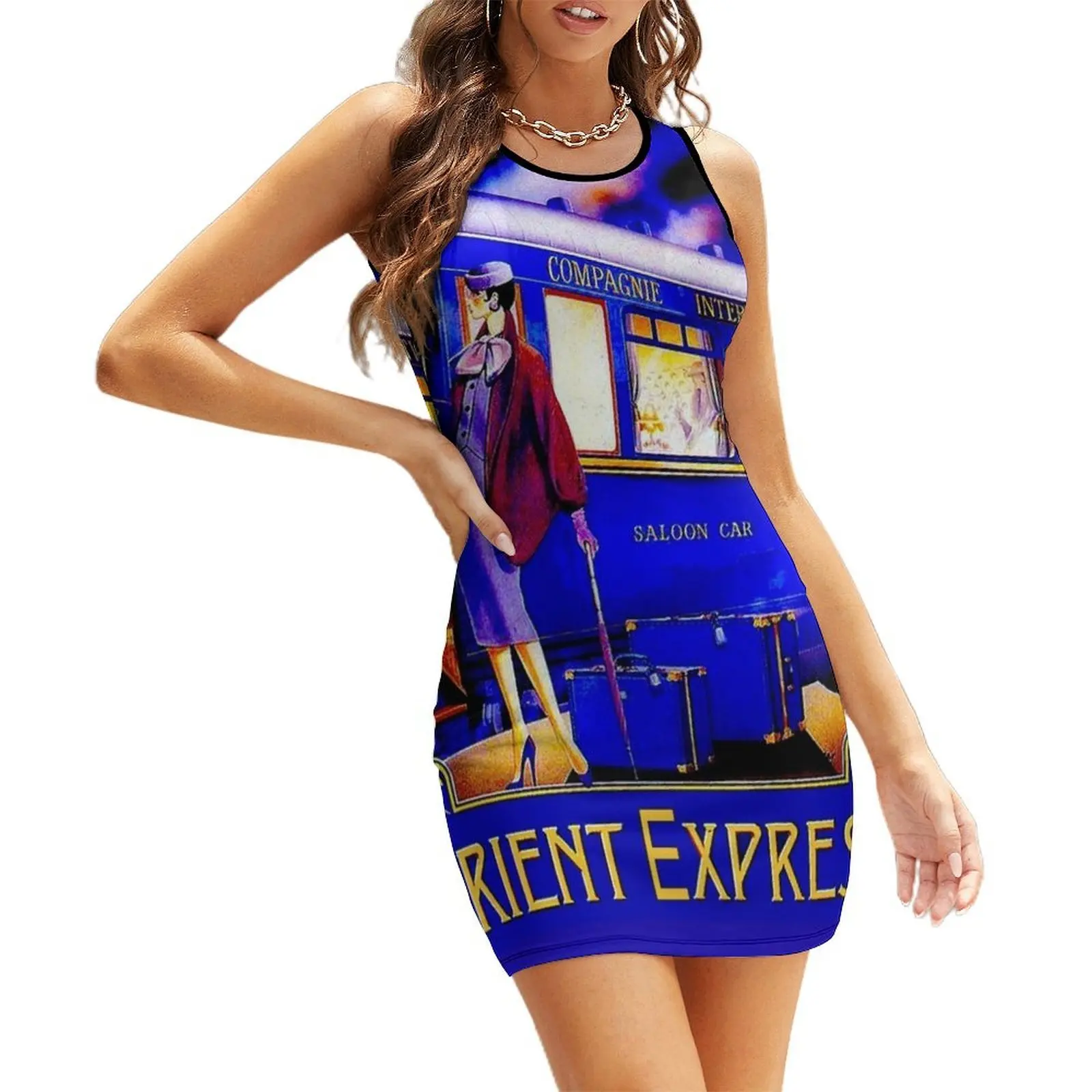 

ORIENT EXPRESS: Vintage Train Passenger Travel Print Sleeveless Sundress luxury dress summer dress womens 2025