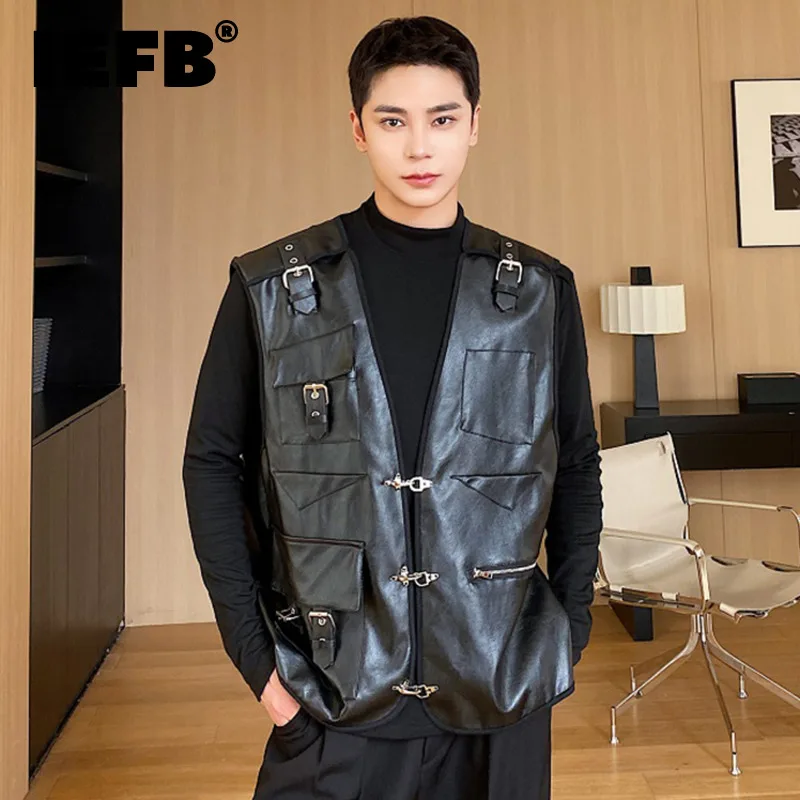 

IEFB Korean Fashion Male Tops Spring PU Vest Male Buckle Design Stupid Darkwear Solid Color 2024 Pocket Sleeveless 9C5087