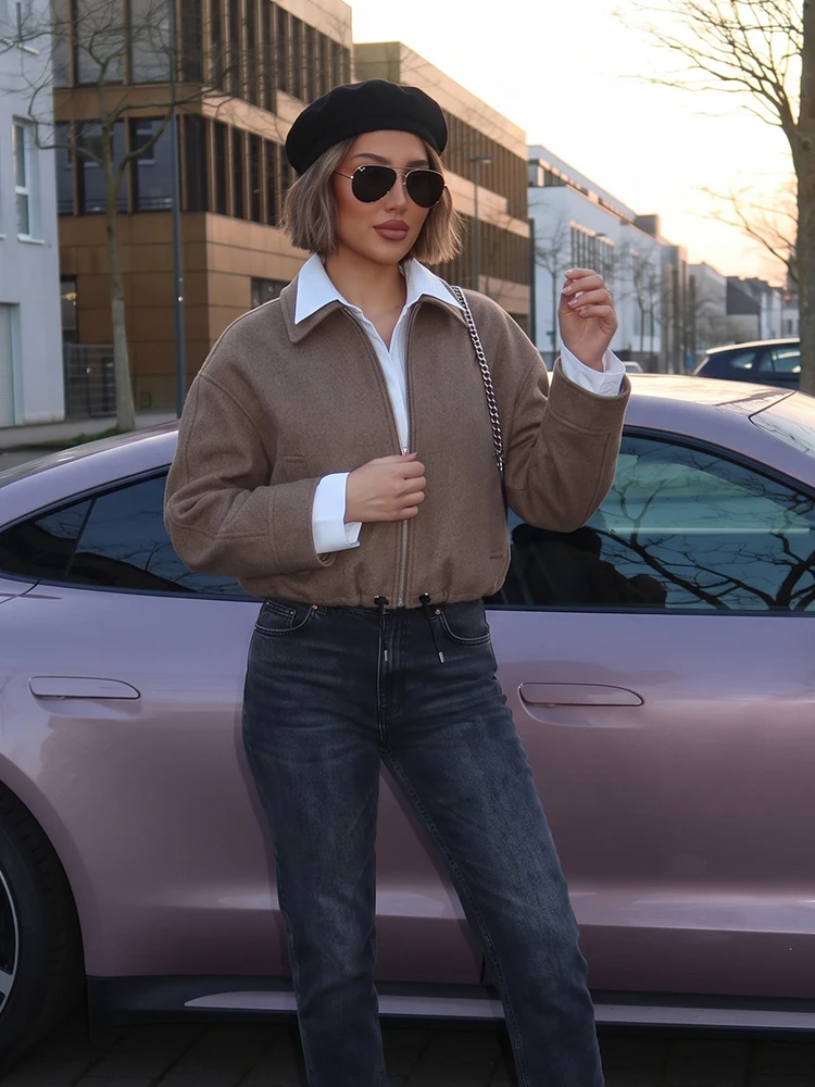 HH Women Spring Autumn Oatmeal Cropped Jacket Lapel Collar Zip Up Drawstring Hem Long Sleeve For Holiday Vacation Outdoor Wear