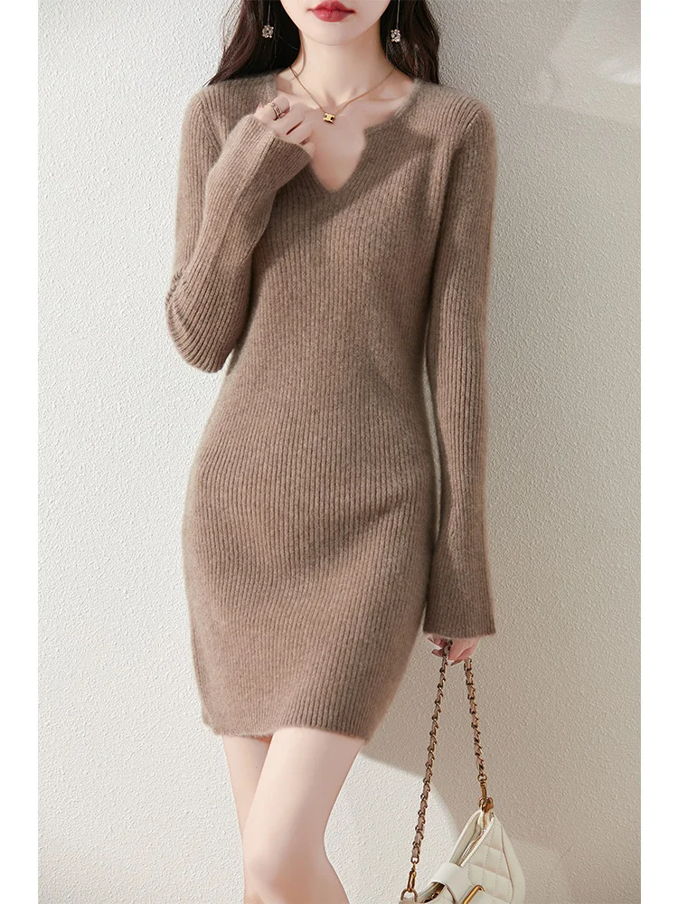 Women Wool Dress Slim Pullover Autumn Winter 100% Merino Wool Knit Office Lady Flare Sleeve Cashmere Sweater Above Knee Skirt