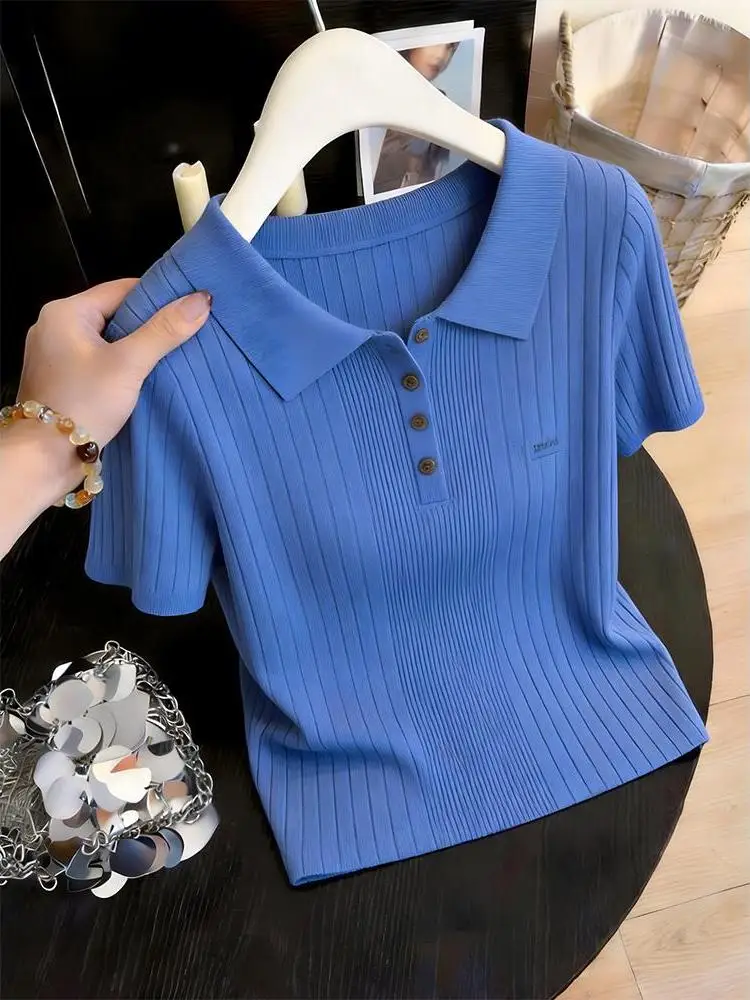 

Slimming Loose Fit Neck Short Sleeve T-Shirt Women's Summer Knitted Korean Style Breathable Comfortable Fashion Top