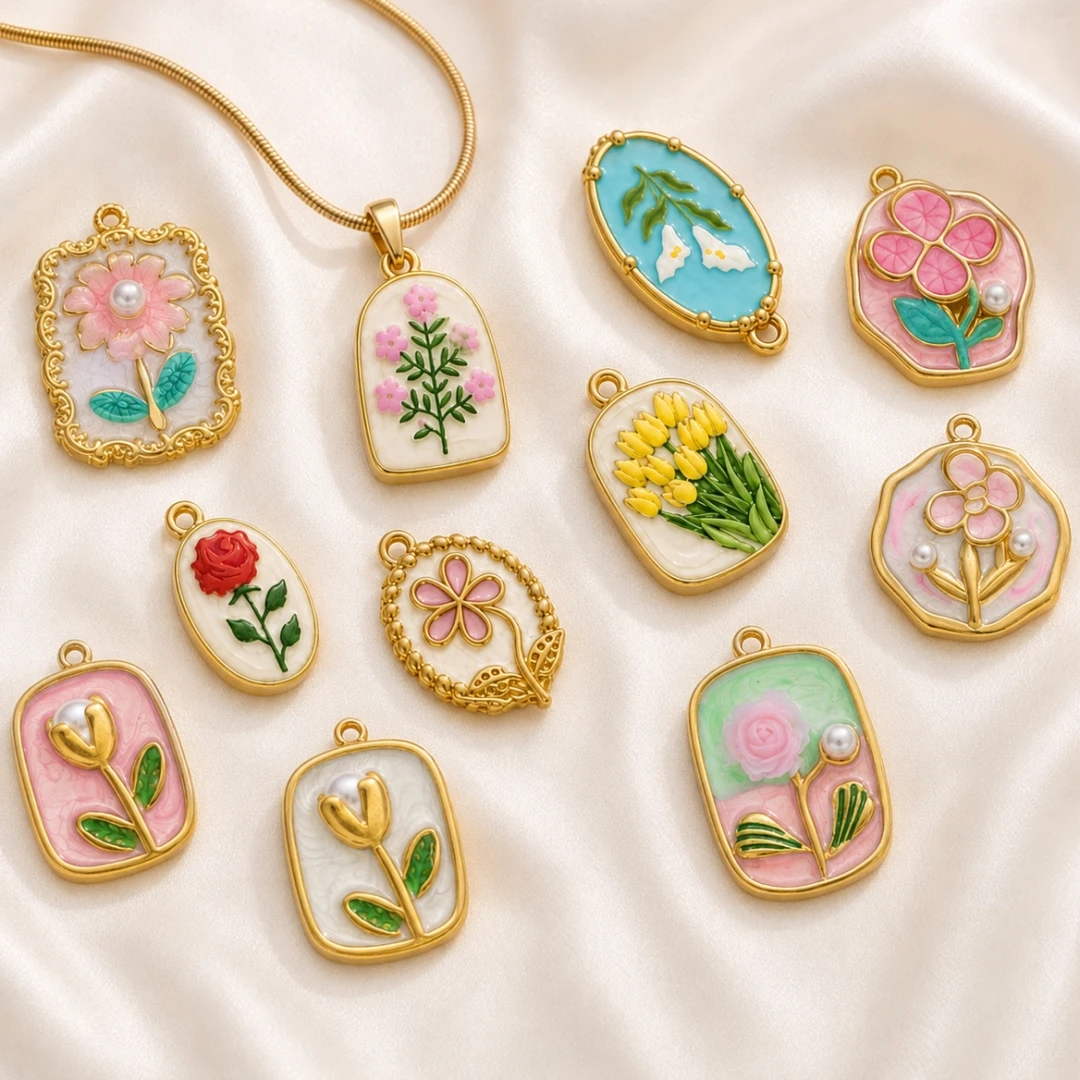 2pcs Stainless Steel Enamel Flower Charms Pendant 18K Gold Plated Earring Keychain Charms for DIY Necklace Jewelry Craft Making