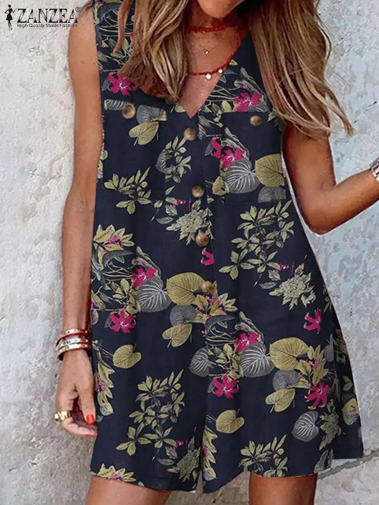 Summer V Neck Sleeveless Rompers ZANZEA Women Bohemian Floral Printed Jumpsuits Female Casual Holiday Playsuits Loose Rompers