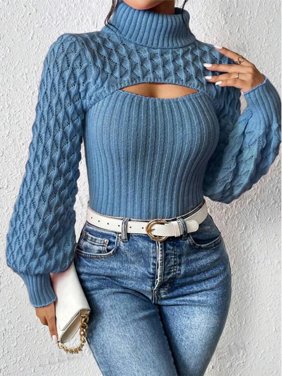 

Женский свитер с высоким воротником, топ с полым дизайном, ор Long Sve, вязаный свитер Sweet Sle, смесь акрила, цвет irt