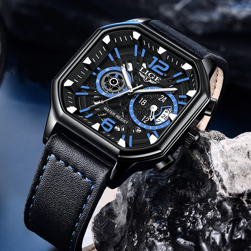 Reloj LIGE cuadrado de cuero de lujo para hombre, cronógrafo luminoso, relojes de pulsera de cuarzo, esfera pequeña, reloj de trabajo resistente al agua para hombre