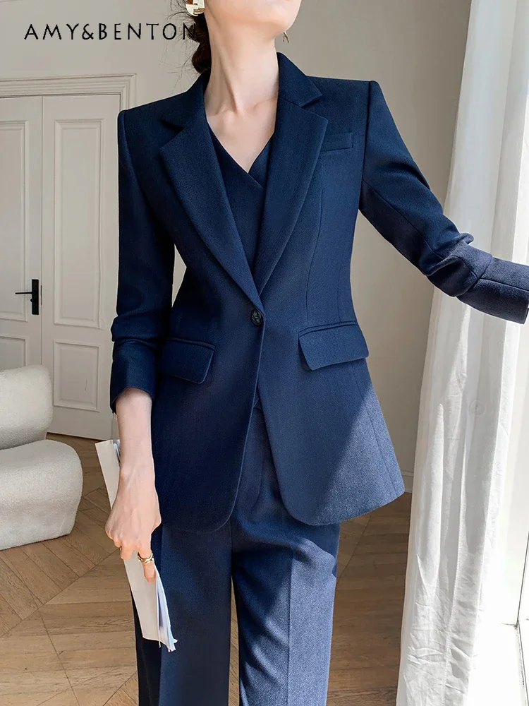 Professional Suit Outfits Women's Spring Autumn New Office Lady High-end Slim Suit Jacket Vest Wide-leg Pants Three-piece Set