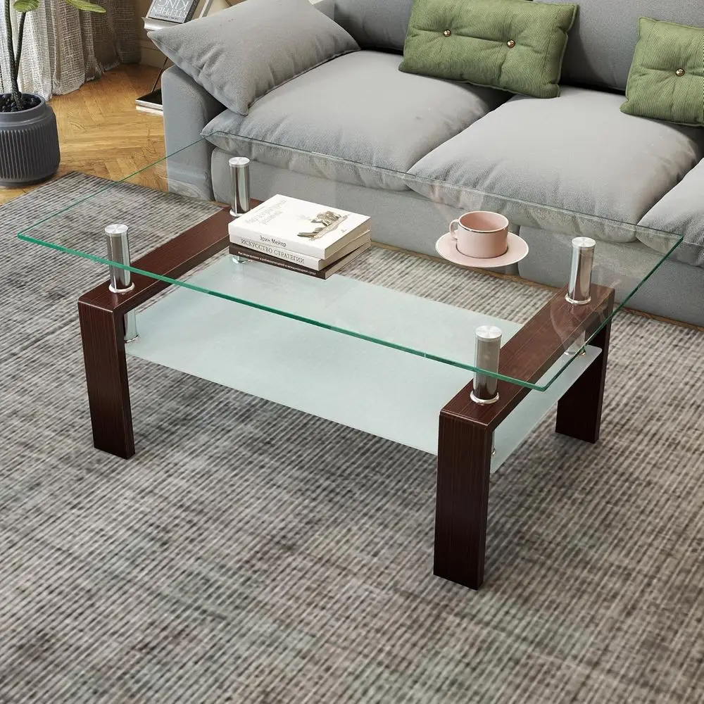 

Modern Brown Metal Leg Coffee Table, Rectangular Glass Top for Living Rooms, Compact Centerpiece for Small Spaces and Waiting Ar