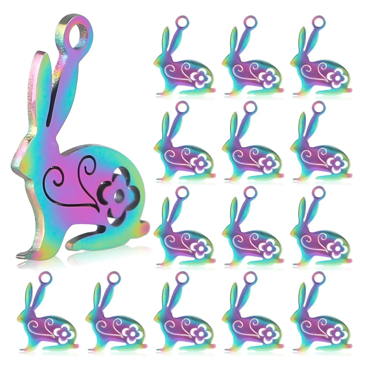 20 PCS Stainless Steel Rabbit Charms, Easter Bunny Pendants with Hollow Flower, Small Animal Metal Charms,Multicolor