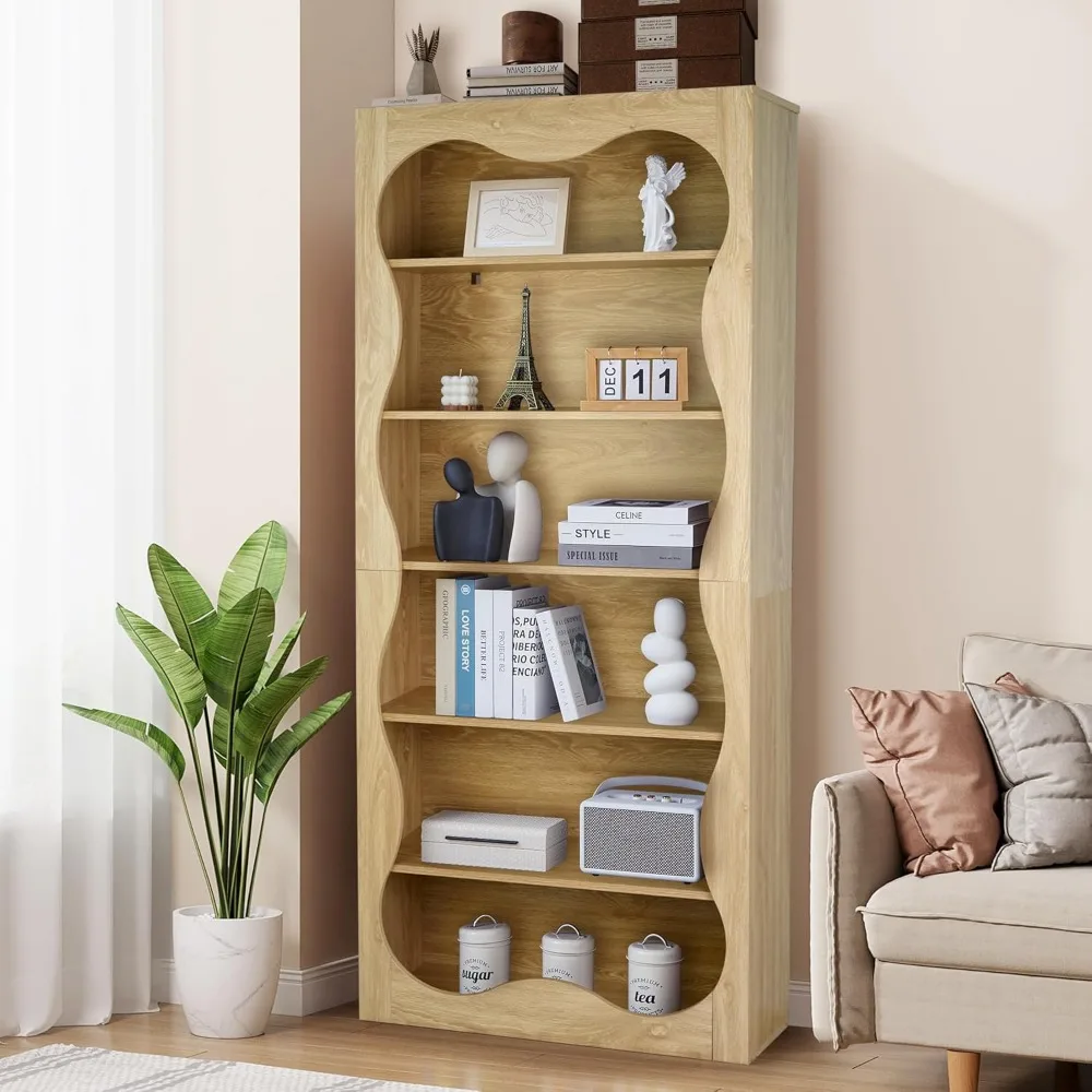 رف كتب خشبي كبير مكون من 6 طبقات - خزائن كتب حديثة طويلة للتخزين والعرض، حلول فريدة من نوعها لتخزين الكتب قائمة بذاتها