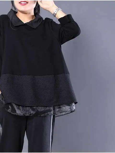 

Fall Oversized Ne irt Women's Loose Fit Splice Ogean Lace Fake Two-Piece Trendy Commute Sle Long Sve Pure Color