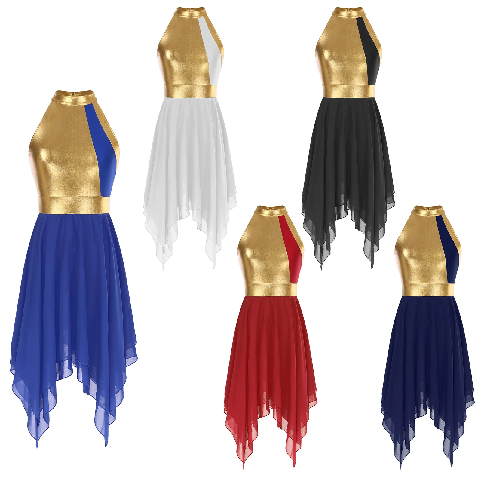 Traje de dança lírica feminino sem mangas bloco de cor chiffon babados moderno contemporâneo dancewear para festa de formatura desempenho novo