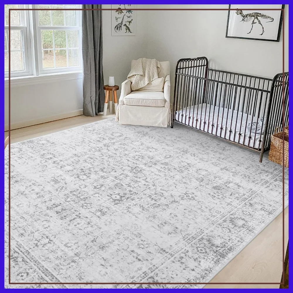 

Washable Area Rug 8x10 - Large Boho Living Room Rug Vintage Grey Non-Slip Retro Floral Carpet