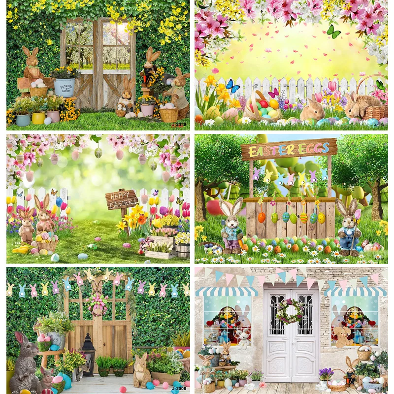 

SHUOZHIKE Green Spring Easter Day Photography Backdrops Props Hare Rabbits Colorful Eggs Wood Photo Studio Background VV-11