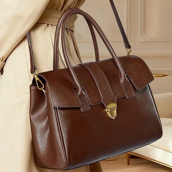 

New Large-capacity Briefcase, Retro Leather Commuter Tote Bag, First-layer Cowhide Textured Women's Bag