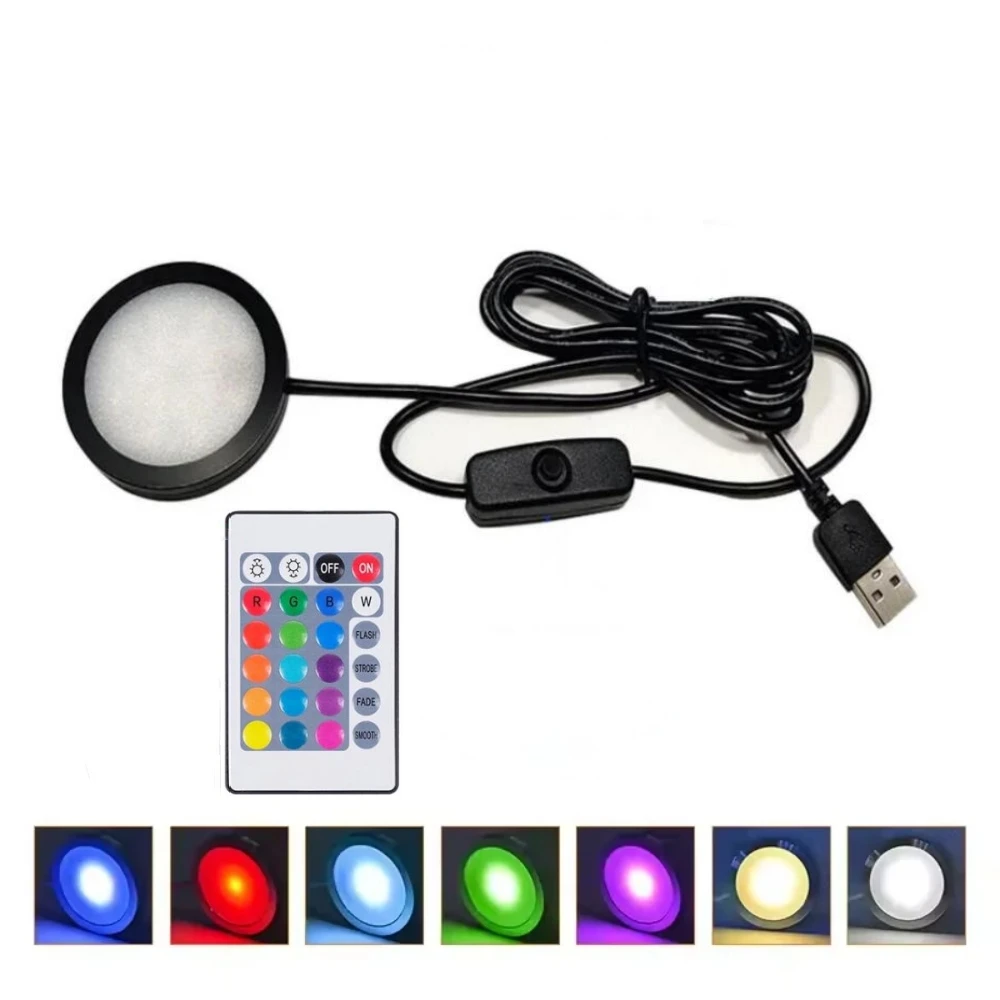 5V USB RGB Dimmable Under Cabinet Puck Lights with Switch Remote Control Adjustable Color Brightness 3D Printing DIY Night Lamp