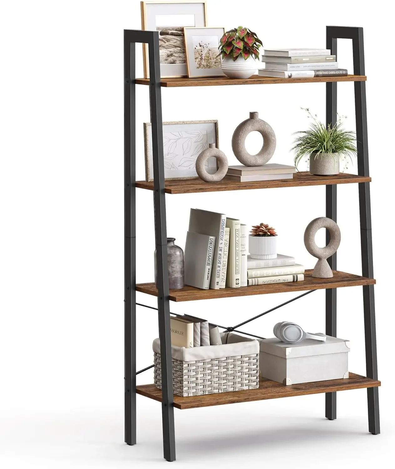 

Ladder Shelf, 4-Tier Bookshelf, Storage Rack, Bookcase with Steel Frame, for Living Room, Home Office, Kitchen, Bedroom