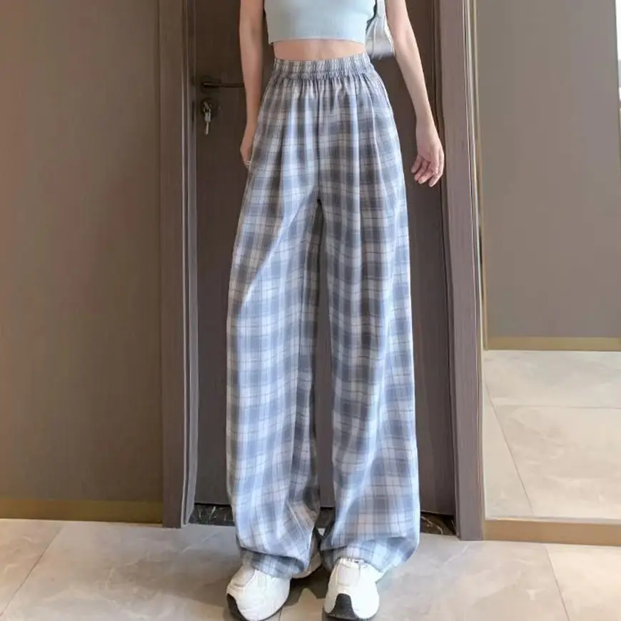 Oversize Plaid Pants Women Sweatpants Summer Fashion Black Y2k Casual Pants Elastic Waist Casual Pockets Student Unisex Trousers