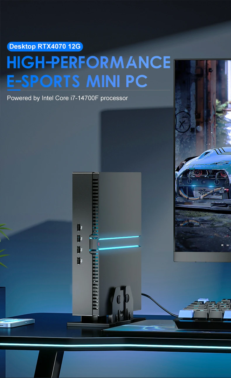 EGLOBAL AI 게이밍 미니 PC, 강력한 게이밍 데스크탑, 인텔 코어 i7-14700F RTX 4070, 12GB, 16GB, DDR5, 512GB SSD, 윈도우 11, Wifi6E