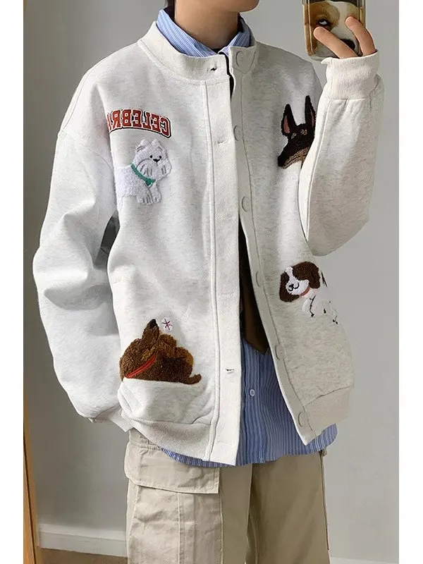 

Мужская повседневная свободная бейсбольная куртка с вышивкой милой мультяшной собаки, молодежная модная куртка на весну, осень, зиму