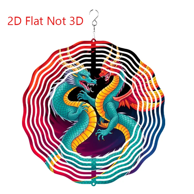 A Ten-Inch Wind Spinner with a Rotating Hook Features a Design of Two Vividly Colored Dragons Against  Whirlpool Background