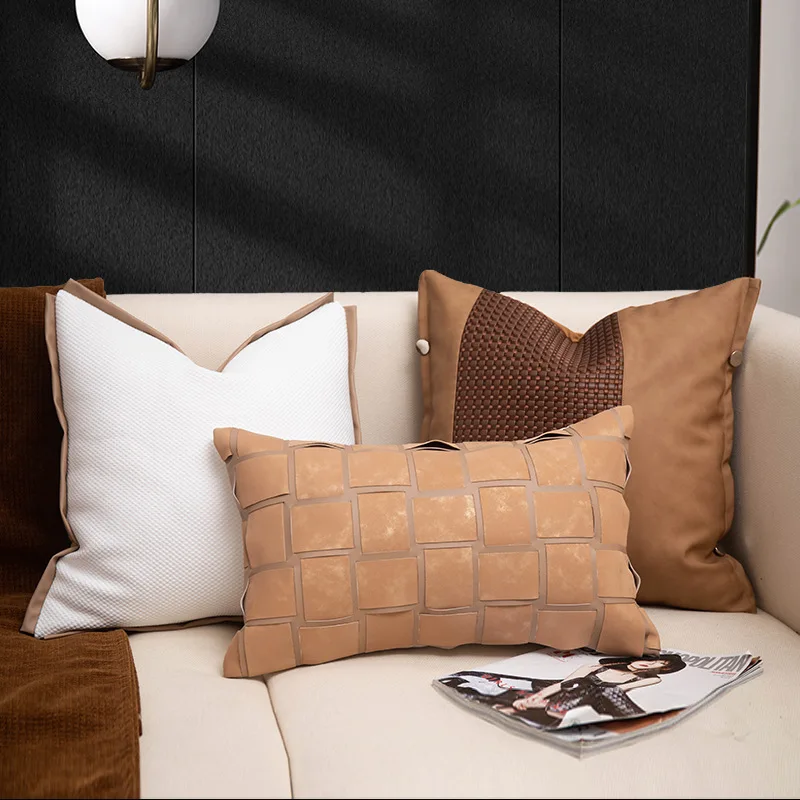 

Brown Cushion Cover PU Fabric Luxury Decorative Pillow Case High-end Throw Pillows for Chair Couch Sofa Living Room Home Decor