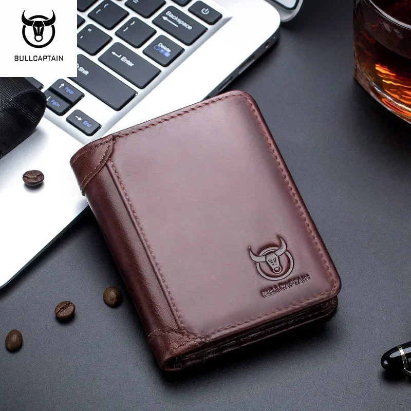 

Bullcaptain RFID Leather Men's Wallet with Coin Purse Retro Fashion Men's Wallet Features Brown Short Wallet Card Holder Clutch