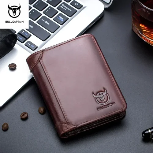 Imagen 1 del producto Cartera de cuero Bullcaptain RFID para hombre con monedero, cartera Retro de moda para hombre, cartera corta marrón, tarjetero, bolso de mano