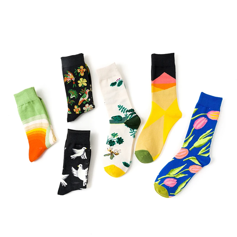 1 Pair Women Men Funny Casual Crew Socks Cartoon Art Flower Plant Shark Crocodile Bird Cotton Harajuku Kawaii Streetwear Sox