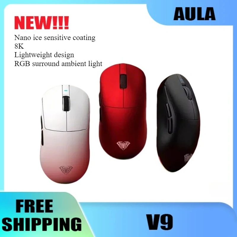 

New Aula V9 E-sports Mouse 8K Nano Ice Coating 3mode Wireless Bluetooth PAW3950 Lightweight 42000 DPI Adjustable Computer Office