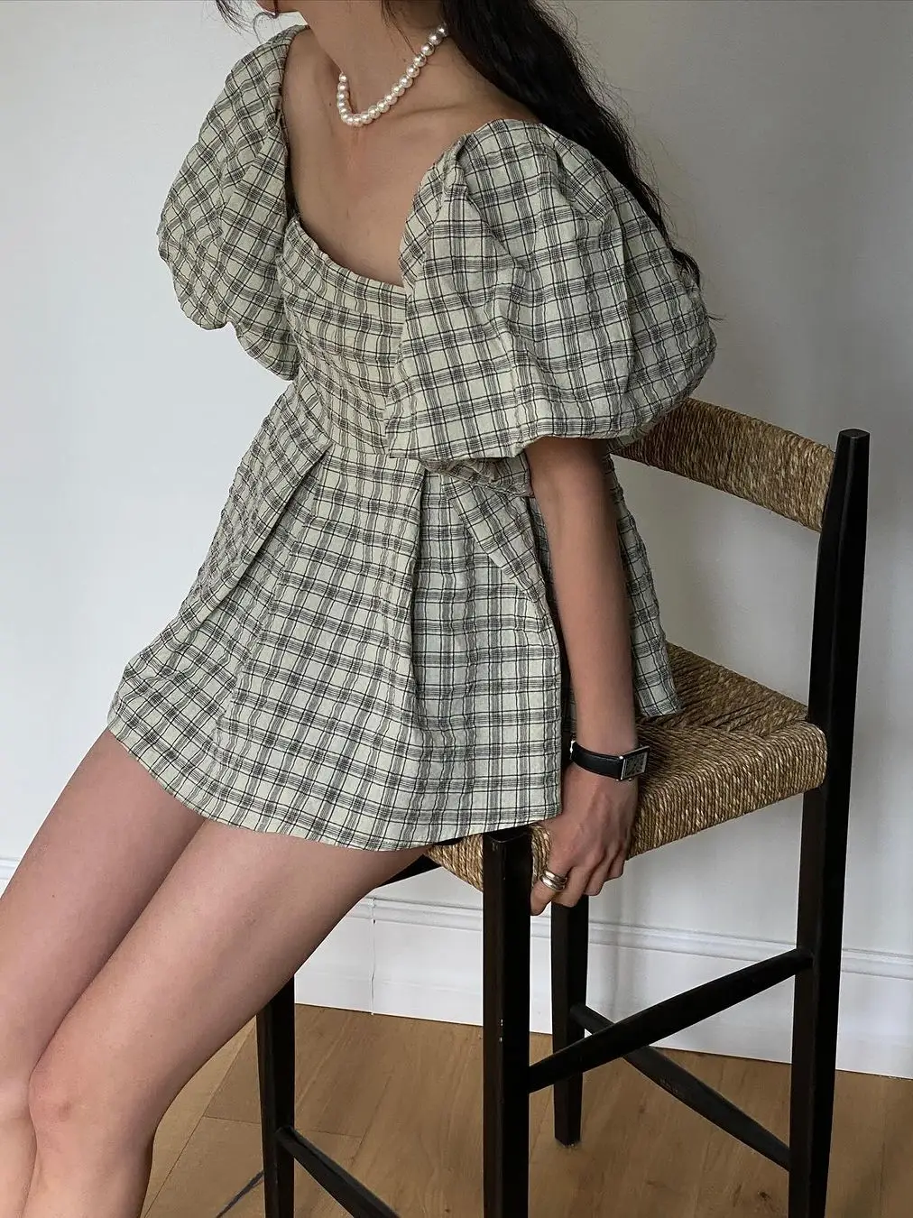 

Detachable Bubble Sleeve Plaid Shirt Women's Chic Collar Backless Pleated Two-Way Wear Lace Trim Tube Top Korean Loose Fit Co...