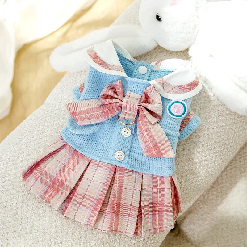 

Pet Clothing Bow School Wind Uniform J K Traction Skirt Cat Two Feet Warm Small Dog Dog Clothing Puppy Clothes