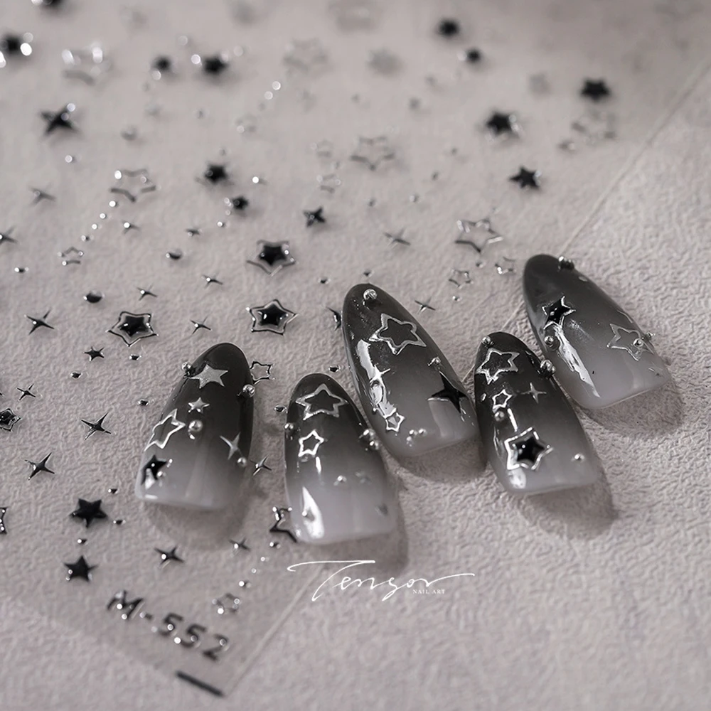 Stars Black Silver Nail Decals 5D Luxury Star Nail Decals for Nail Art Gilding Hollow Out Five-Pointed  Nail Art Star Slider