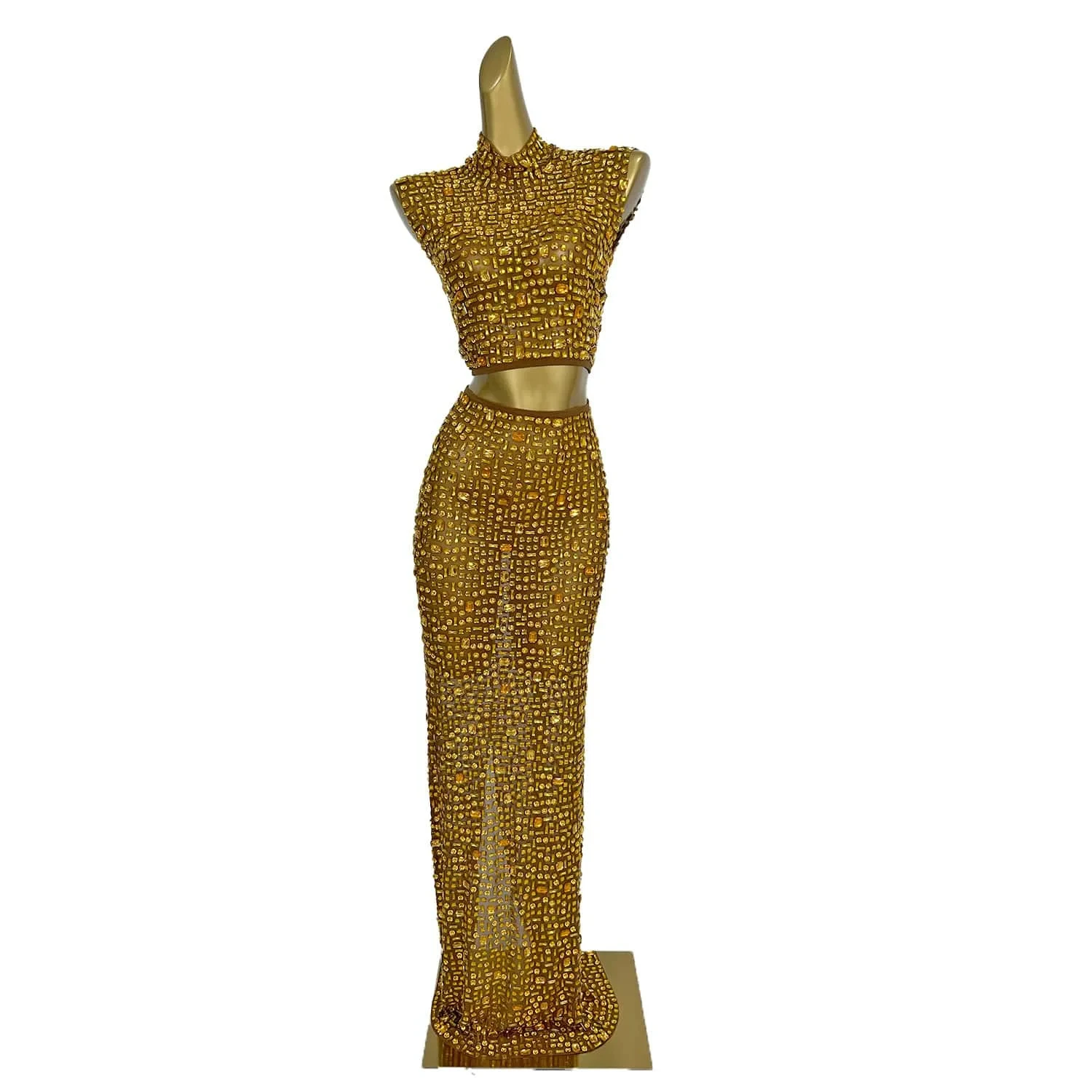 Sexy Rhinestone Tank Vest Top Bodycon Long Skirts 2 Piece Sets Women Festival Outfit Night Club Dress Party Costume Evening Gown