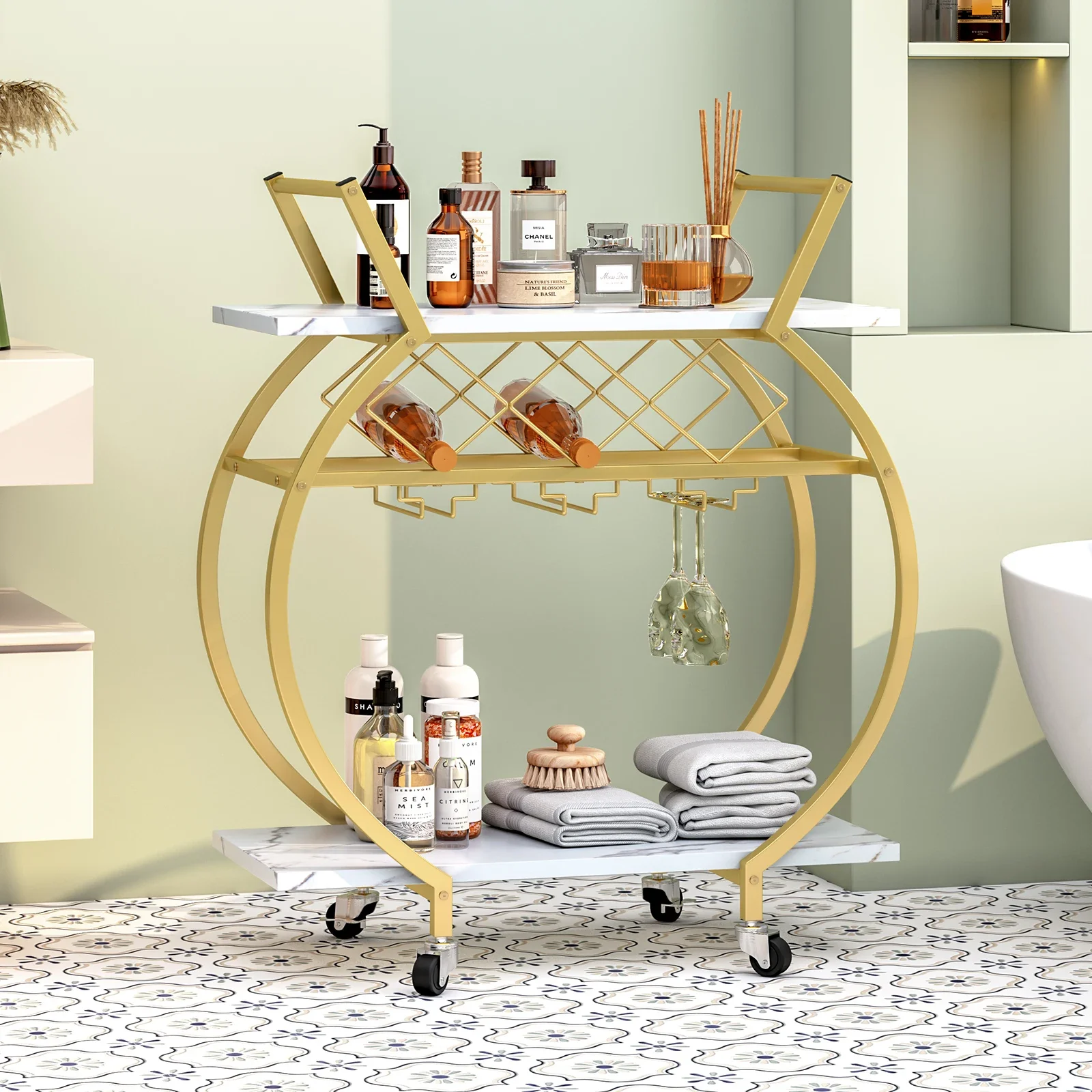 Customized Gold and White Bar Cart Mini Rolling Kitchen Storage Cart with Wine Rack and Glass Holders Wine Cart