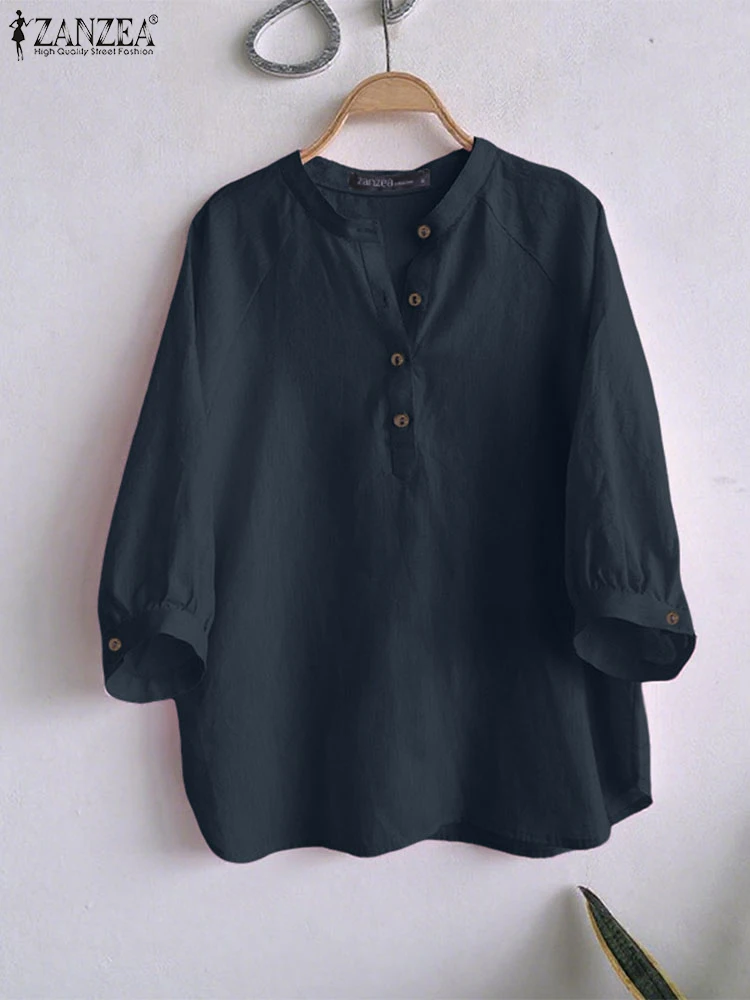 ZANZEA 2025 Herbst 3/4 Hülse Blusen Frauen Casual Rundhals Halbe Tasten Blusas Mujer Alltag Tragen Einfarbig Tops