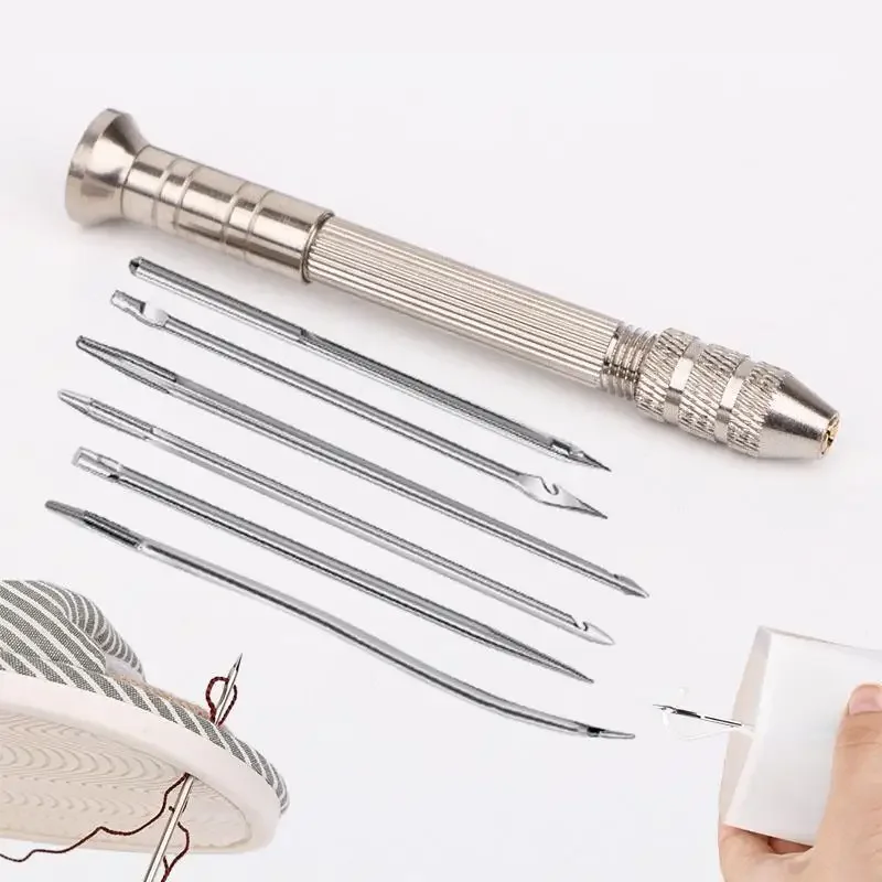 5Pcs/set Leather Sewing Kit Replaceable Needle with Awl Handle Set DIY Leathercraft Shoes Repair Tools Punch Stitching Needles