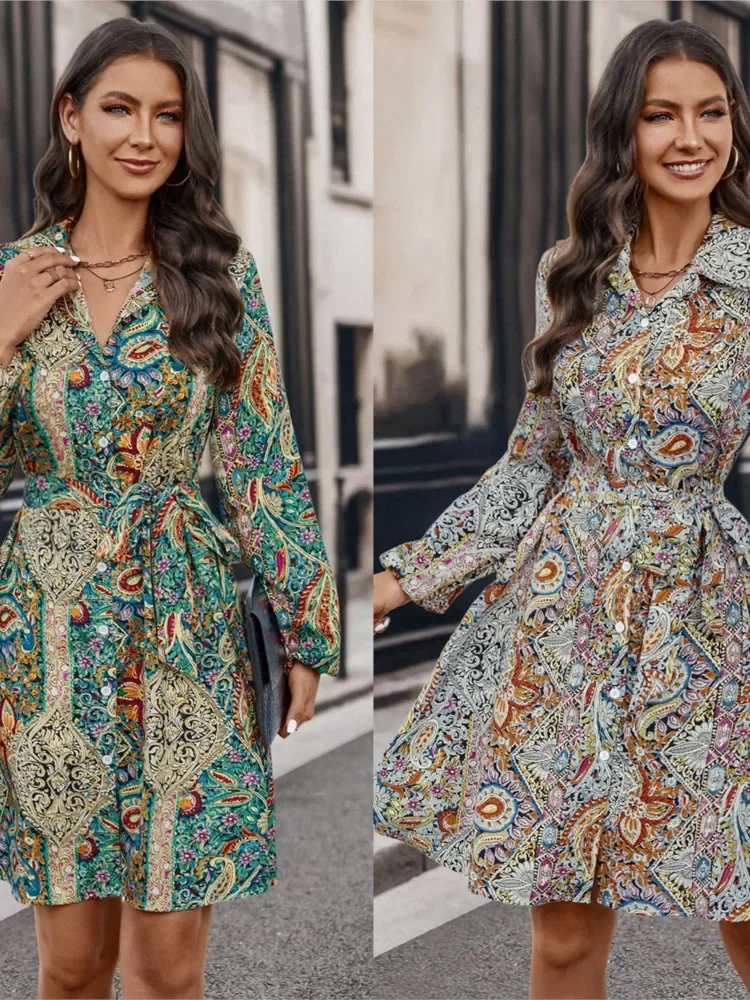 ใหม่ฤดูใบไม้ร่วงฤดูหนาวผู้หญิงแฟชั่นพิมพ์แขนยาวเดี่ยวเสื้อเซ็กซี่ V คอแขนยาวชุด