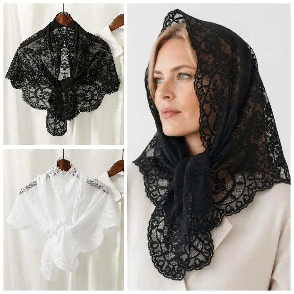 Retro Elegant Lace Triangle Scarf Vintage Hollow Head Covering Scarf Shawl French Style Simple Crochet Head Scarf Women