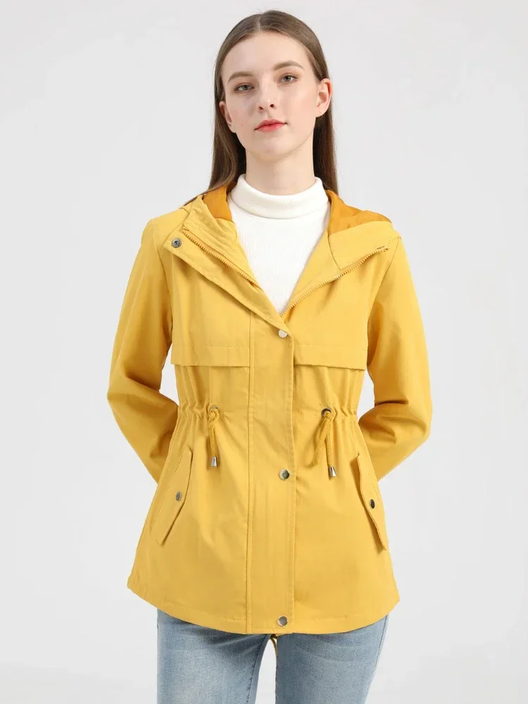 2024 New Windbreaker Medium Long Hooded Coat Solid Long Sleeve Waist Wrapped Outdoor Raincoat Thin Jackets for Women Clothes