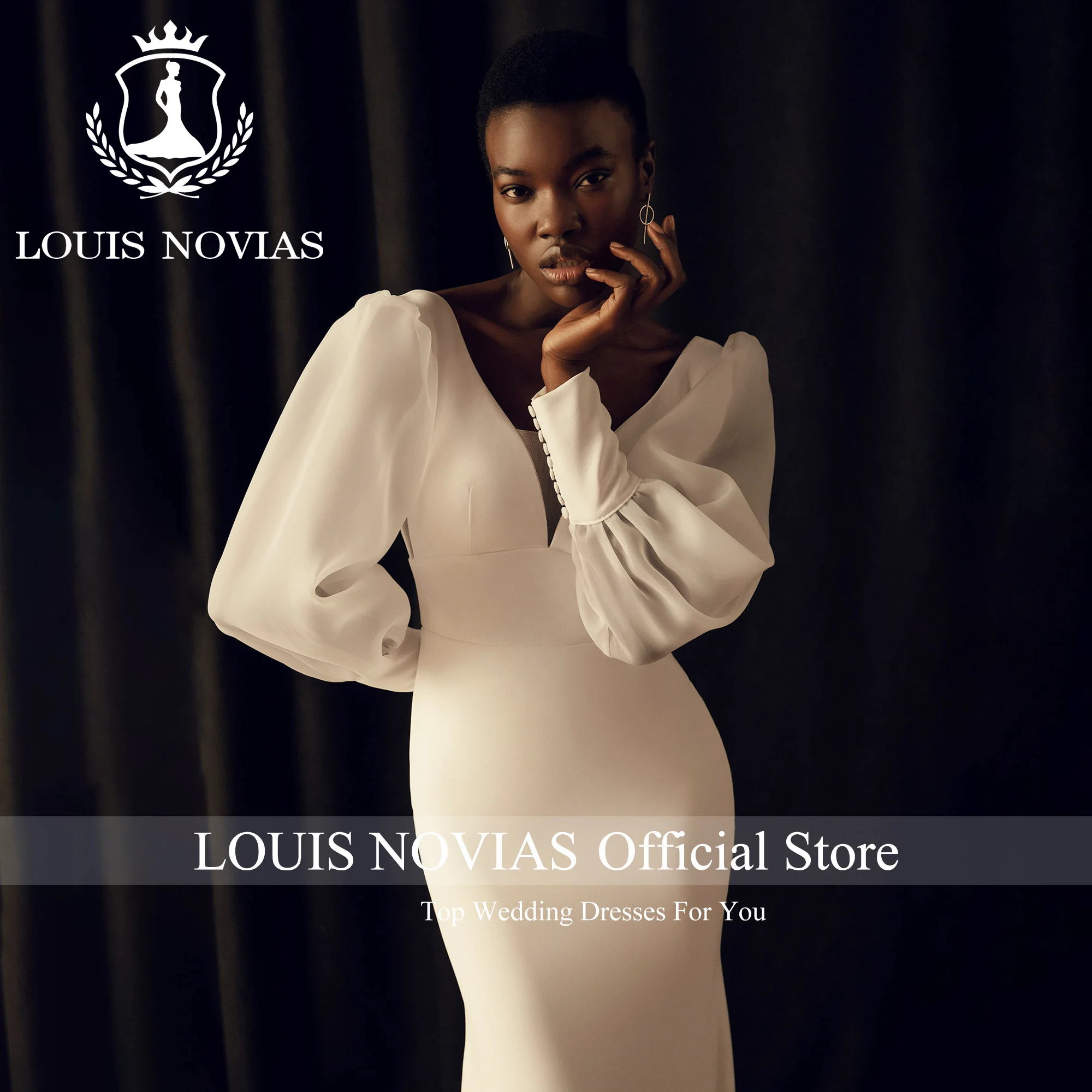 

LOUIS NOVIAS Satin Mermaid Wedding Dress For Women Elegant Simple Puff Sleeve V-neck Backless Wedding Gown Vestidos De Novia