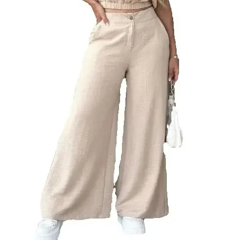 

2 Pieces Outfit Notch Neck Turn-Up Cuffs Hollow-out Back Stretchy Hem Crop Top & Casual Zipper Elastic Waist Wide Leg Pants Set