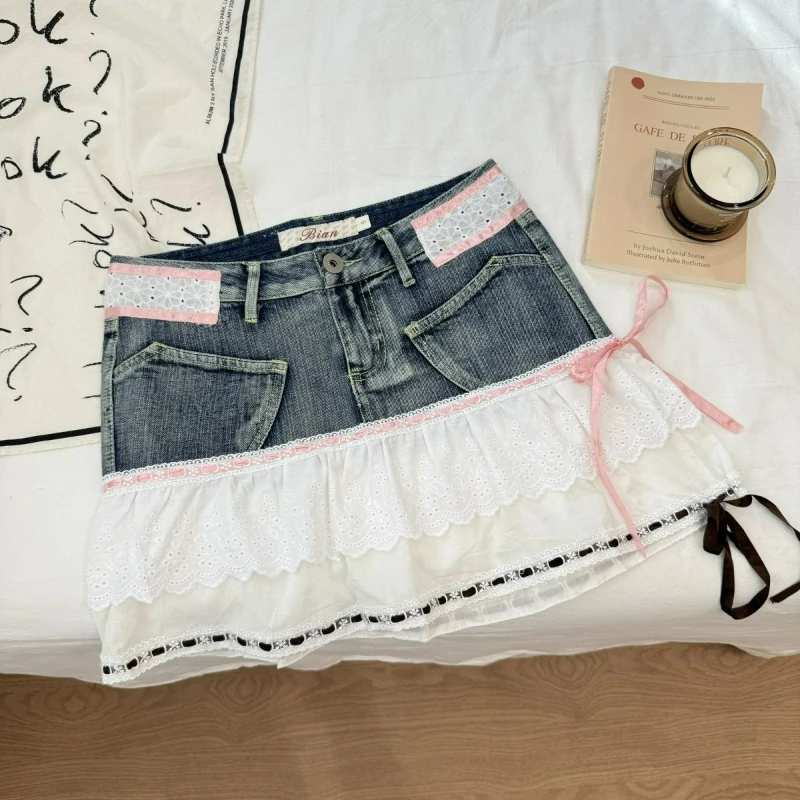 Japanese Kawaii Lolita Style Denim Pleated Skirt Women Sweet Lace Ruffles Patchwork Short Skirts Korean Y2k Cute Bow Mini Skirts