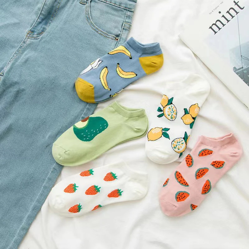 5 Pairs Womens Funny Socks Spring And Autumn Fruit Ankle Socks Avocado Lemon Strawberry Banana Harajuku Casual Short Socks 35-40