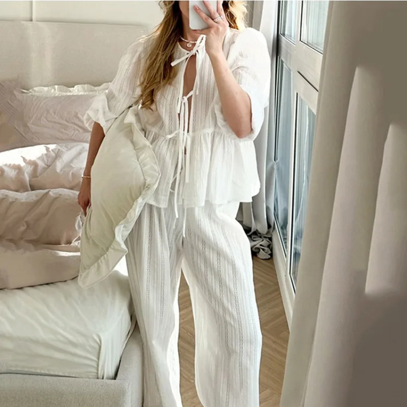 

Casual Women's Pant Sets Elegant Lace-up Long Sleeve Shirt Top Loose Trouser Set Fashion Vacation New Female Pant Sets