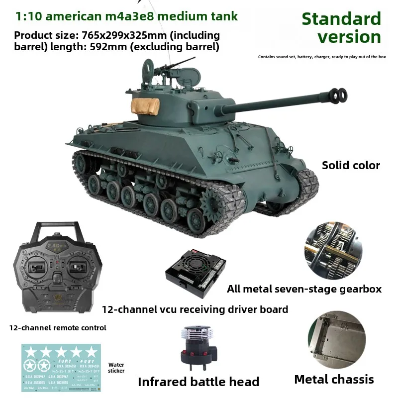 RC Metal Tank HOOBEN 1/10 Control remoto M4A3E8 tanque RTR tanques modelo Fury Sherman juguetes para niños