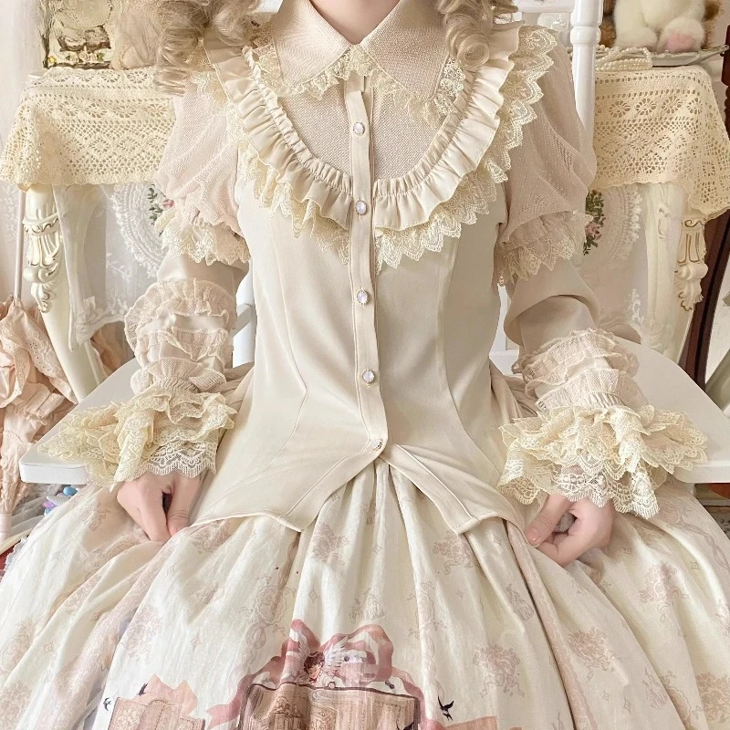 Japanse Gothic Y2k Lolita Stijl Shirts Vrouwen Vintage Elegante Afneembare Lange Mouwen Blouses Victoriaanse Zoete Ruches Slim Tops
