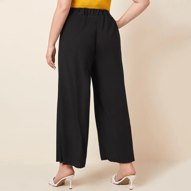 Plus Size Elastic Waist Summer Elegant Wide Leg Pants Solid Black Lettuce Trim Loose Casual Straight Pants Trousers Bottoms 6XL